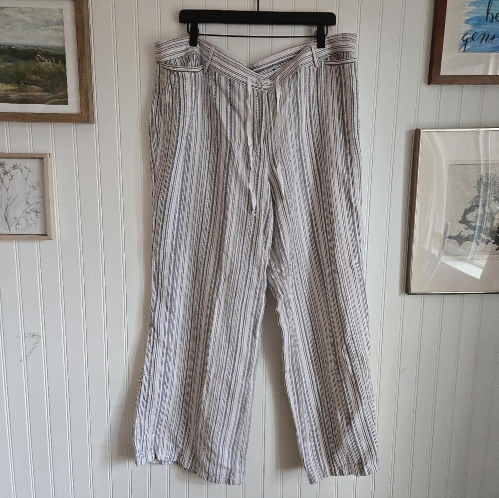 Lane Bryant Beachy Linen Blend Striped Gray and White Wide Leg Pants
